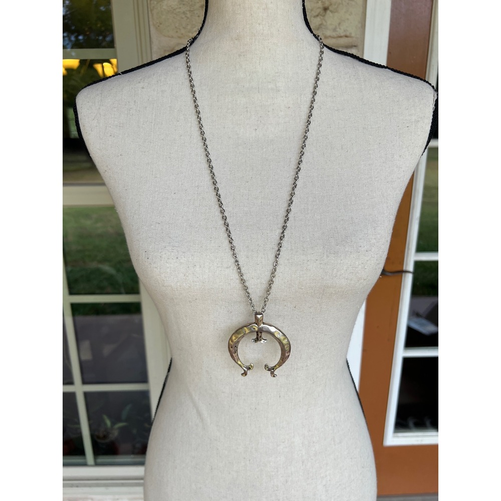 Punch Naja Pendant Necklace Silver Tone Hammered Southwestern Long Chain NEW